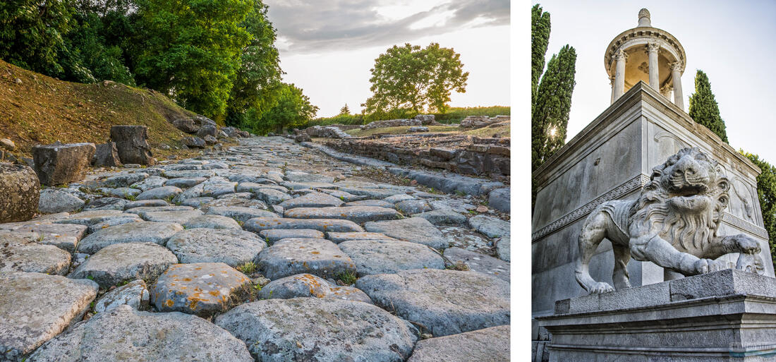 Bal oldalon a decumanus - az Aratria Galla által épített kelet-nyugati irányú út, jobbra az aquileiai Candia mauzóleum