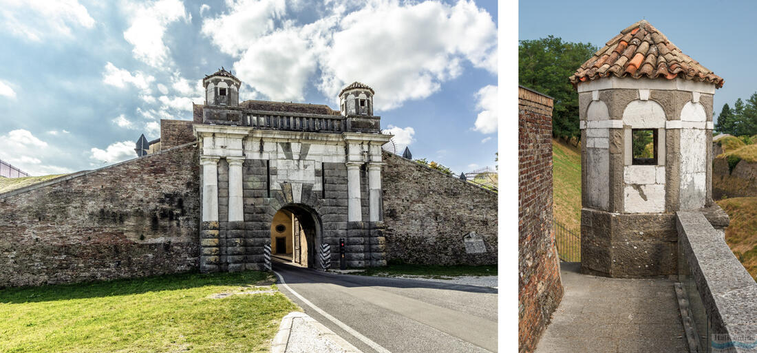 Porta Cividale - Palmanova erődváros három kapujának egyike, jobbra a Porta Cividale őrtornyának egy részlete