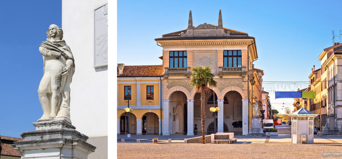 A bal oldalon Palmanova város tizenegy főfelügyelőjének egyikének szobra, jobb oldalon a Loggia della Gran Guardia degli Alabardieri - a nagy alabárdőr páholya.