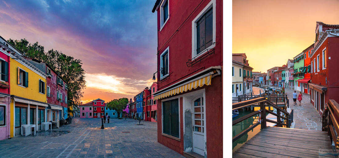 Burano sziget színes utcái a csatorna mentén