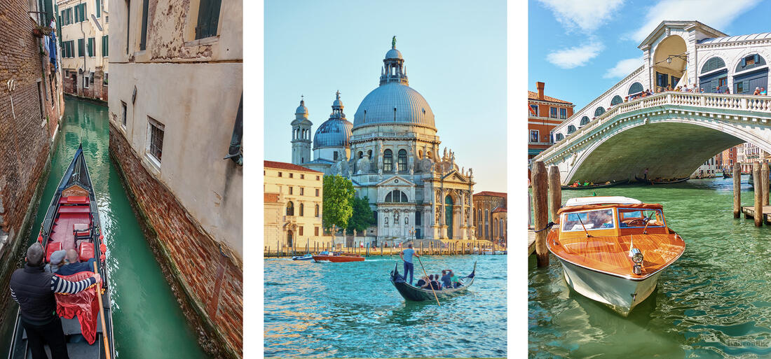 Gondoló a szűk sikátorban, Libegő a Santa Maria della Salute templom előtt, vízi taxi a Rialto híd előtt, Velence