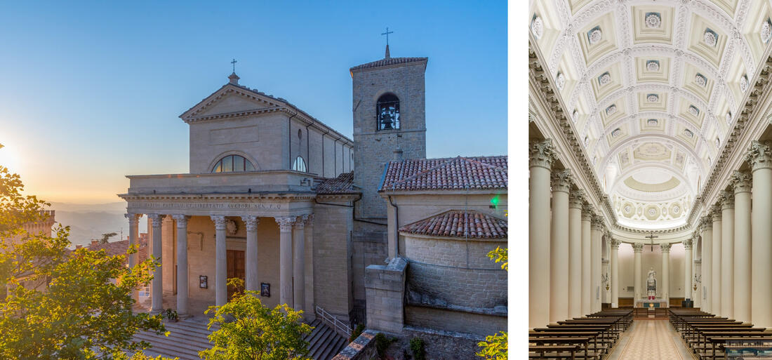 Basilica di San Marino naplementekor, a bazilika belseje a jobb oldalon